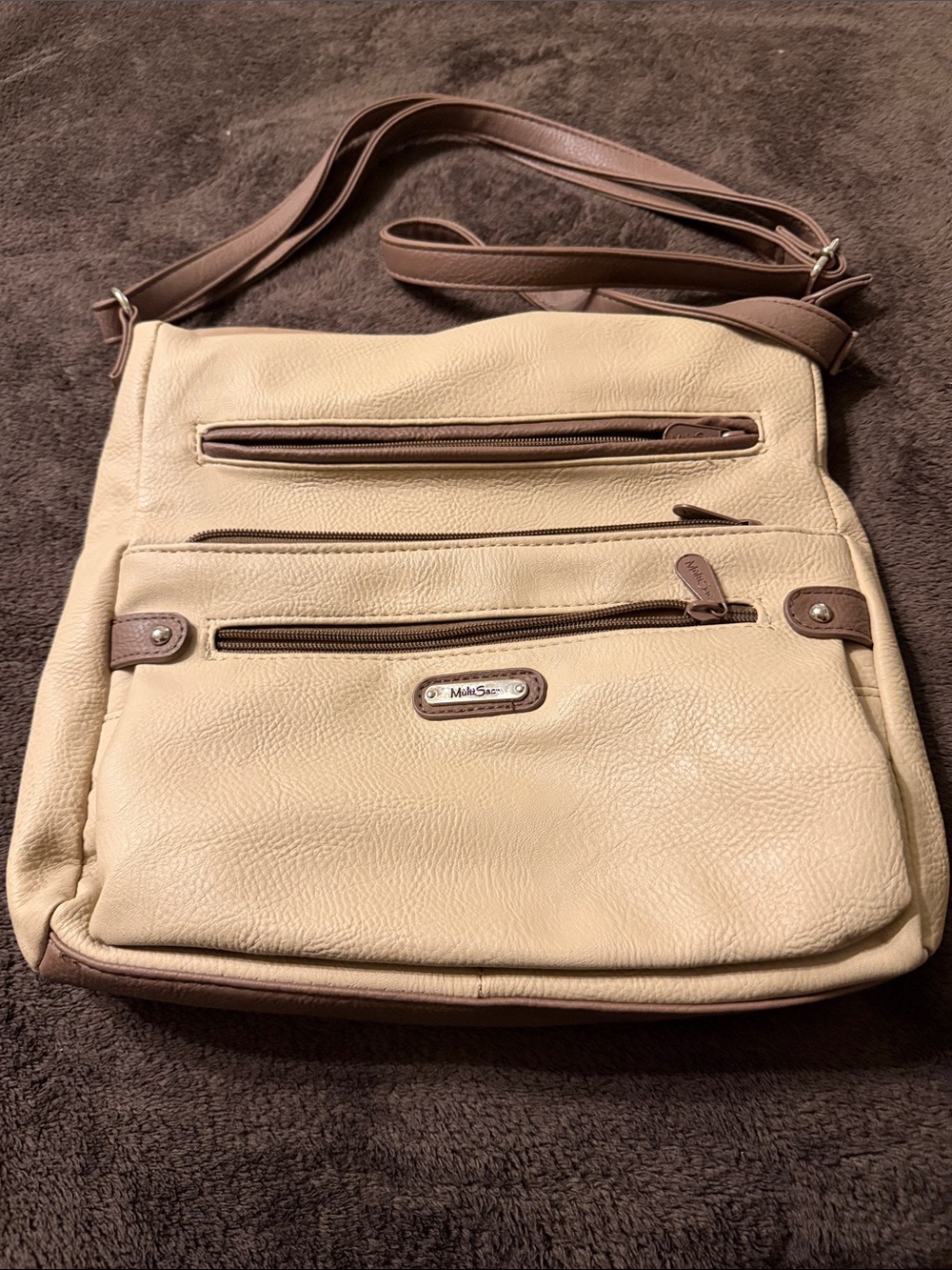 Mia Sofia Cream & Brown Multi-Pocket Crossbody Bag